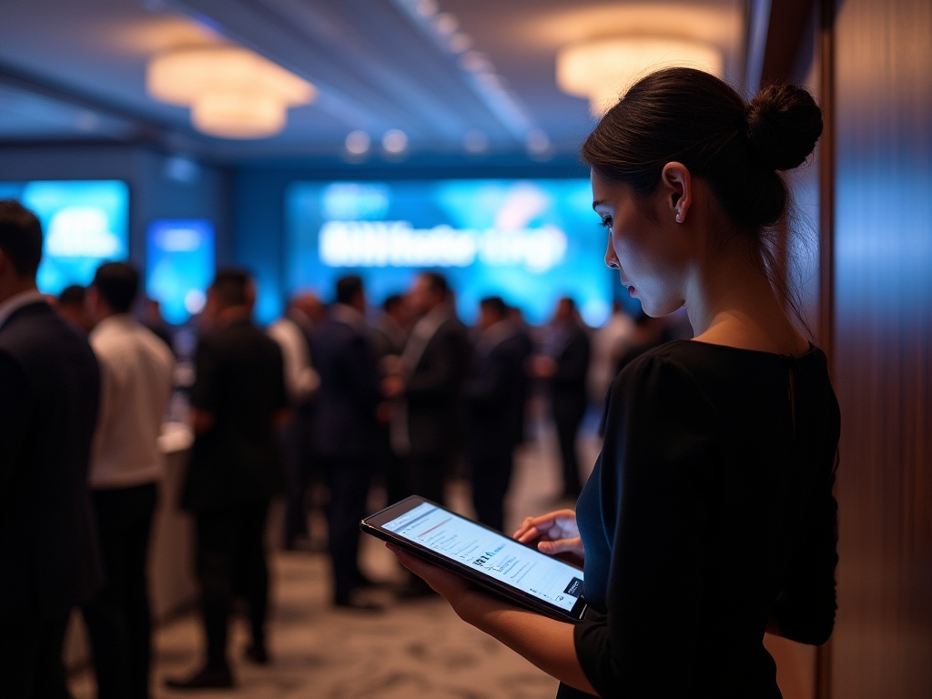 Corporate conference with professional attendees engaged in networking and presentations