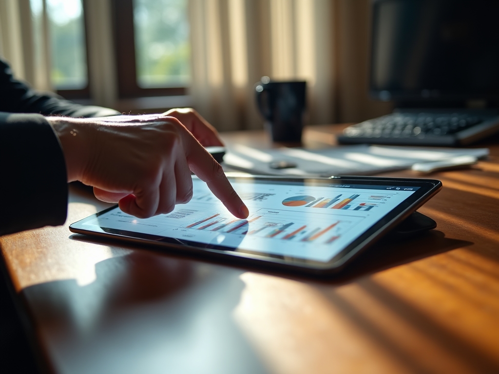 Financial analyst reviewing ROI metrics and event performance data on tablet