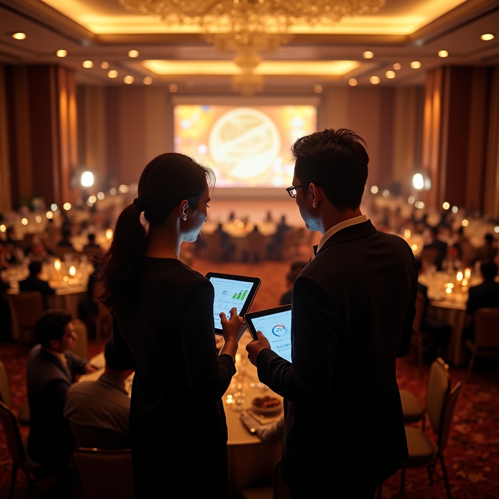 Professional event planning team analyzing event metrics and ROI data